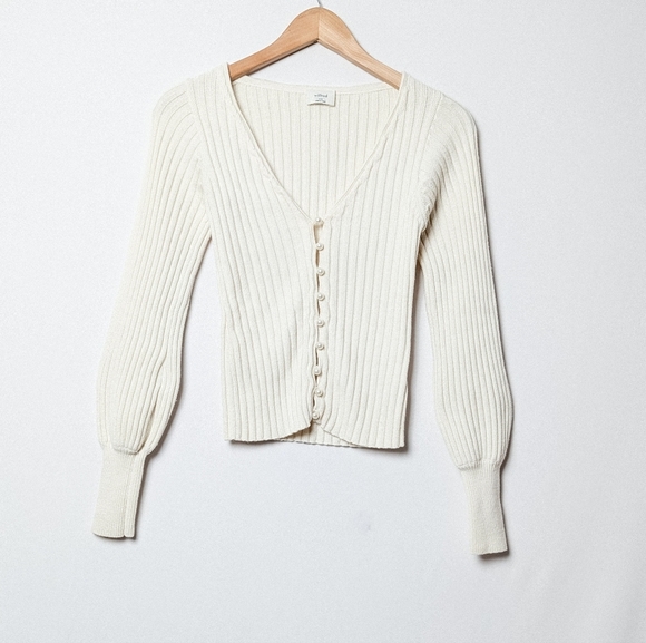 WILFRED Pearl Cardigan Sweater Oak White Ribbed Wool Cotton XXS ARITZIA - Picture 8 of 12